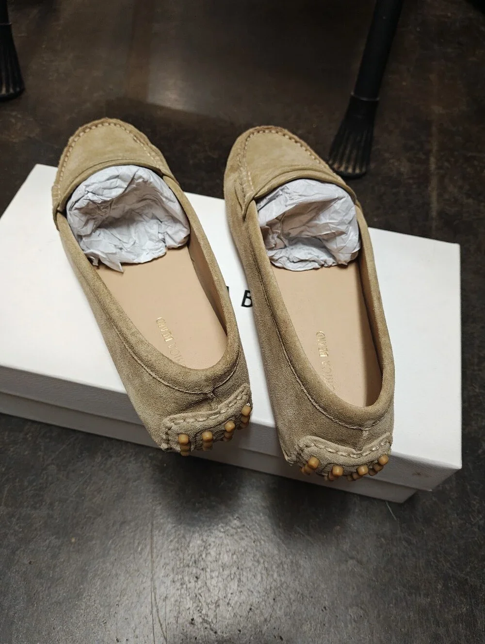 Veronica Beard Taupe Suede Penny Loafers